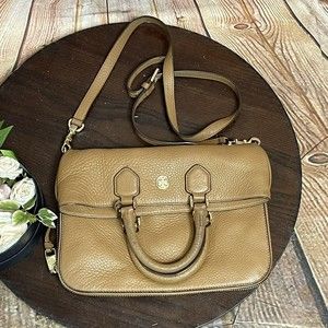 Tory Burch Purse Brown Tan Leather Fold Over Crossbody Expand Zip Robinson Bag.